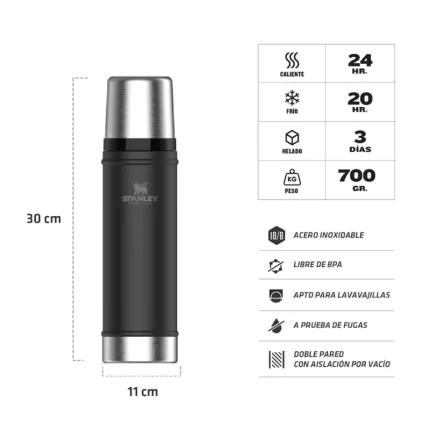 Características Termo Stanley Clásico 591ml / 20oz Tapón Cebador color negro